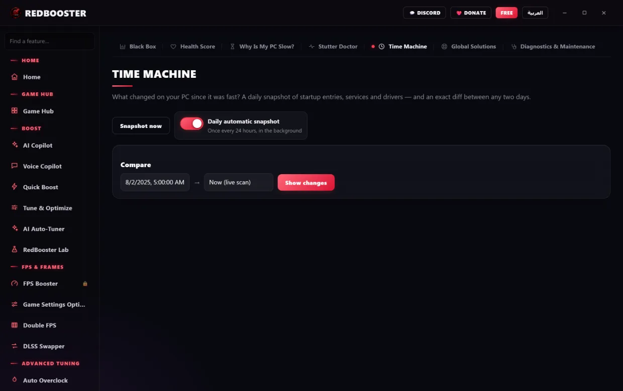 Time Machine: restore points listing every change RedBooster made, each one restorable on its own.